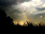 choatischer Himmel mit Regenbogen