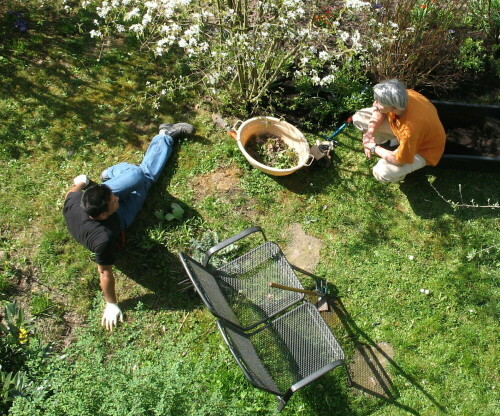 Gartenarbeit in aller Ruhe, mit kleinem Plausch zwischen Nachbarn.

Aufnameort: Marburg, Vorgarten An der Zahlbach 19,13.04.2009
Kamera: Canon Power Shot A620 1/250; 4,0; 7,3mm