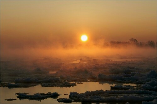 Minus 18° an der Elbe ließen das Treibeis Ende Januar im Sonnenaufgang bei aufsteigenden Nebeln glühen.

Aufnameort: Bleckede, Elbe, Niedersachsen
Kamera: Sony Alpha 700