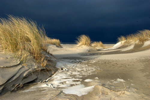 Schneeverwehungen auf den Dünen mit dunkler Wolkenfront auf dem offenen Meer

Aufnameort: N
Kamera: Nikon D3000