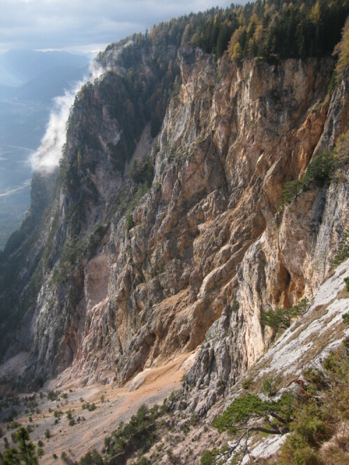 Absturzkante eines großen Bergsturzes im Jahr 1348. Die rötliche Farbe des Gesteins wird durch Ton verursacht.

Aufnameort: Villacher Alpe, Österreich
