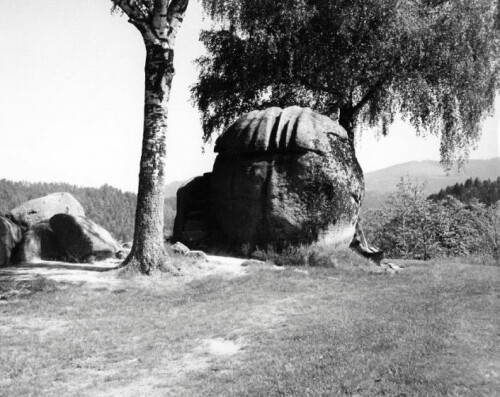 Ob es mal ein Kultplatz war, streiten sich die Geologen mit den Mystikern. Ich konnte bei einem bestimmten Sonnewinkel dieses Foto machen, das doch eindeutig einen Kopf zeigt. Die Farben habe ich herausgenommen, damit es noch besser erkennbar ist.

Aufnameort: Forbach-Bermersbach
Kamera: Kodak Digipocket