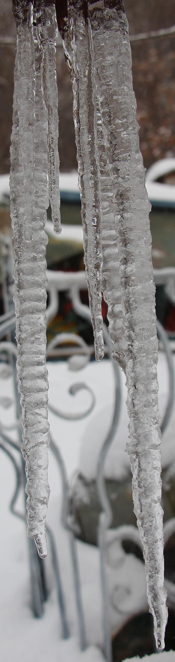 Wieder gefrierendes Tauwasser kann an erhöhten Geländestrukturen auch zu Eiszapfenbildung führen.
https://de.wikipedia.org/wiki/Eiszapfen

Aufnameort: Eiershausen Vordach
Kamera: Canon EOS 700D